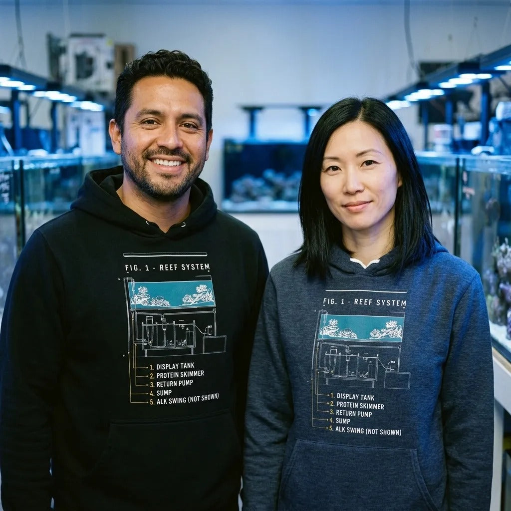 Reef System technical cutaway saltwater aquarium hoodie — lifestyle