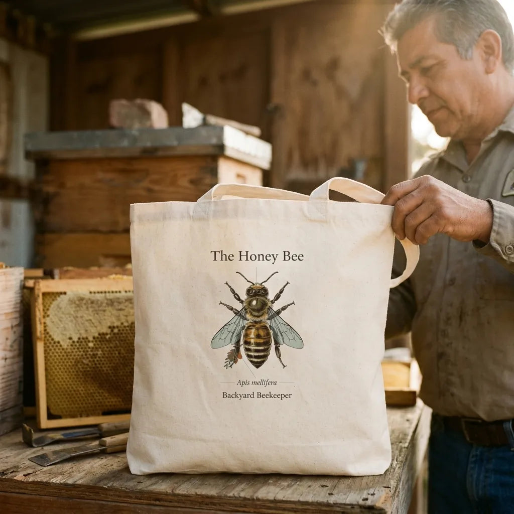 The Honey Bee Apis mellifera anatomical cotton tote bag — lifestyle
