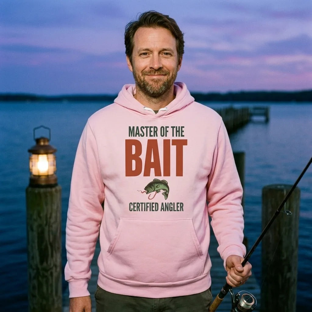 Master of the Bait retro fishing humor typography hoodie — lifestyle