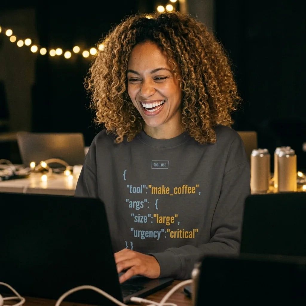Tool Call Make Coffee AI engineer crewneck sweatshirt — lifestyle
