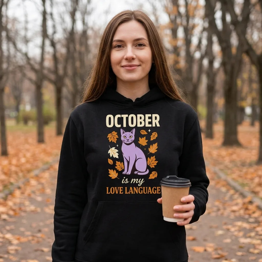 October Is My Love Language retro Halloween black cat hoodie — lifestyle