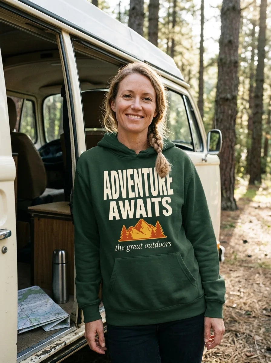 Adventure Awaits retro outdoors typography hoodie — lifestyle