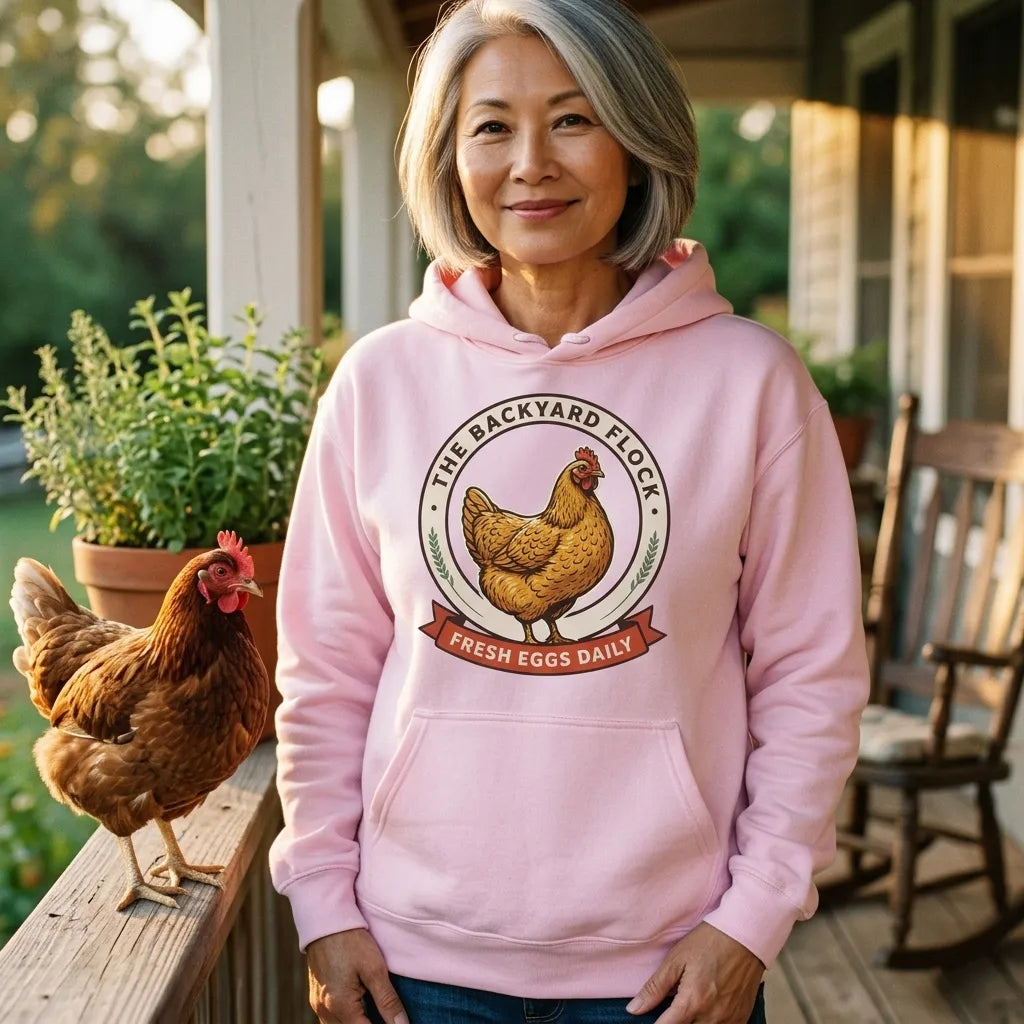 Backyard Flock heritage chicken keeper hoodie — lifestyle