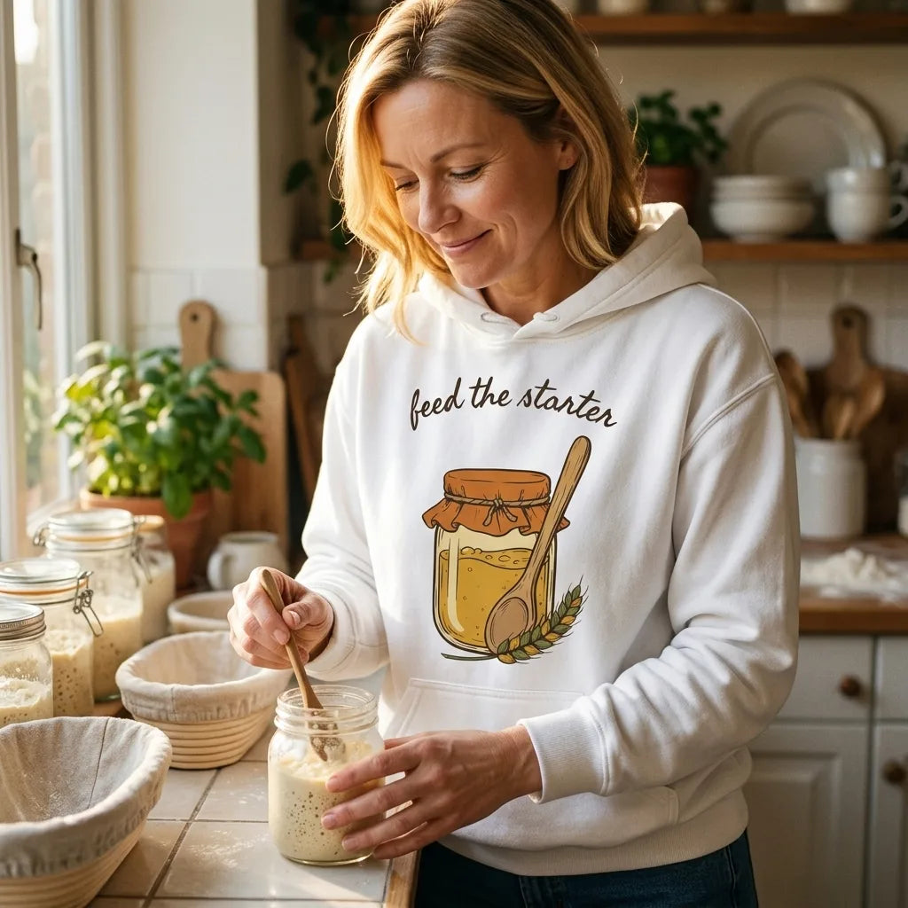 Feed The Starter sourdough baker hoodie — lifestyle