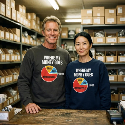 Where My Money Goes funny motorcycle crewneck sweatshirt — lifestyle