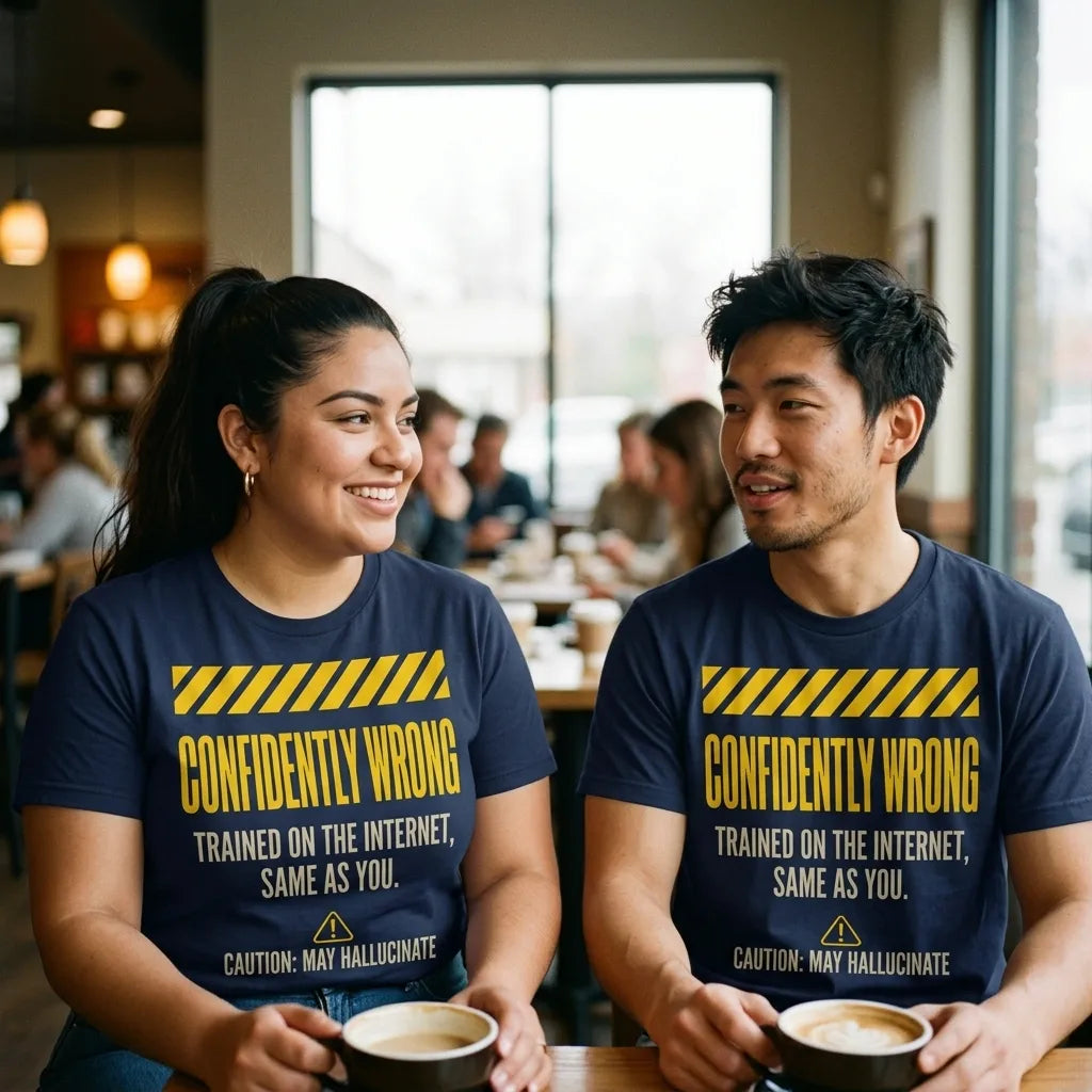 Confidently Wrong AI hazard-label unisex t-shirt — lifestyle