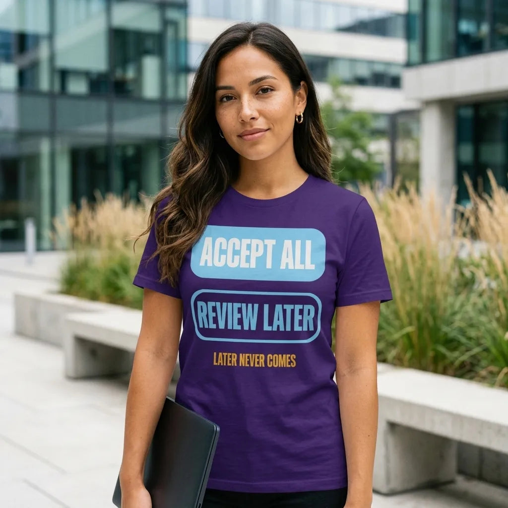 Accept All Review Later tee — lifestyle