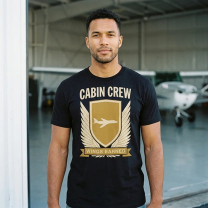 Wings Earned flight attendant tee — lifestyle