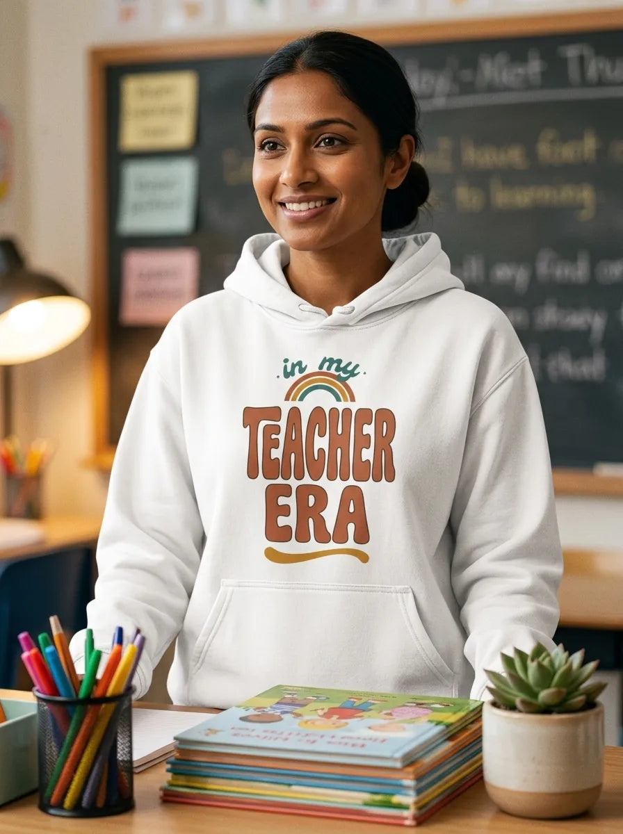 In My Teacher Era retro groovy teacher hoodie — lifestyle