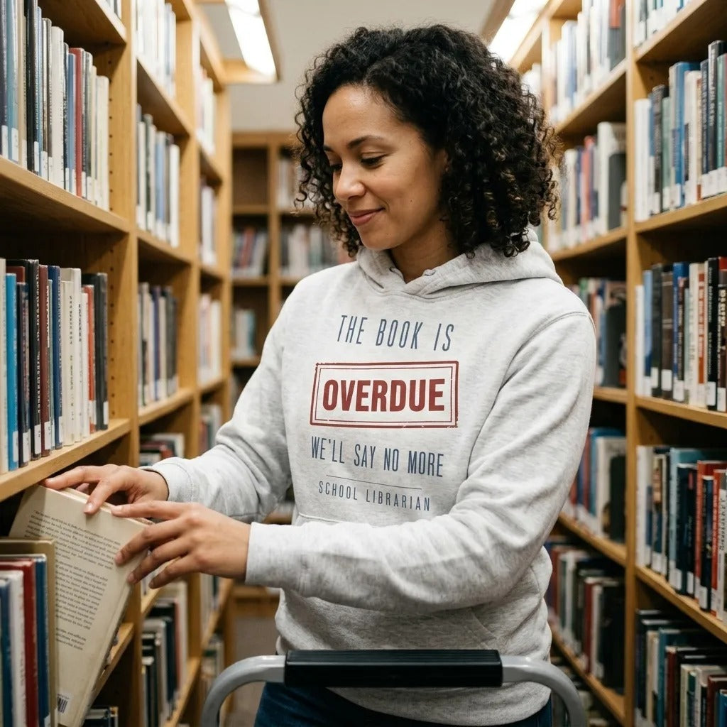 The Book Is Overdue funny school librarian hoodie — lifestyle