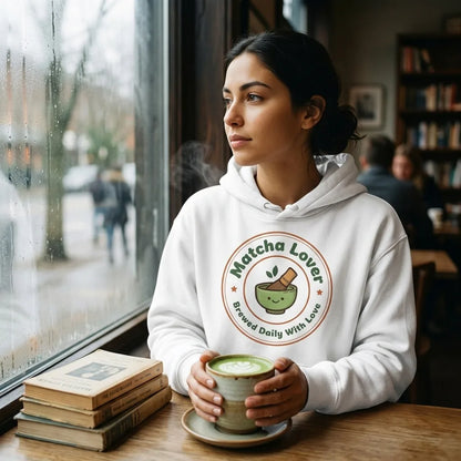 Matcha Lover retro café badge hoodie — lifestyle