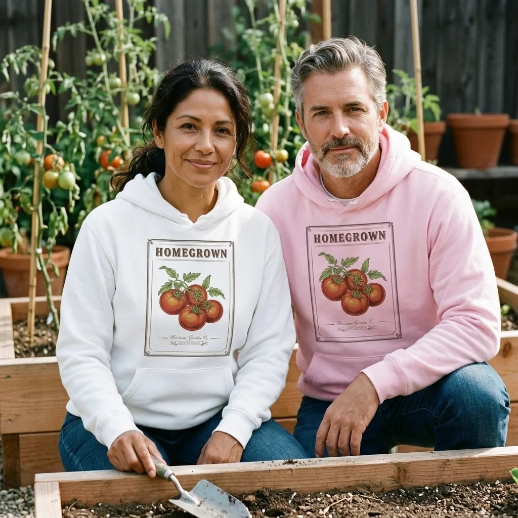 Homegrown Heirloom Seed Packet gardening hoodie — lifestyle