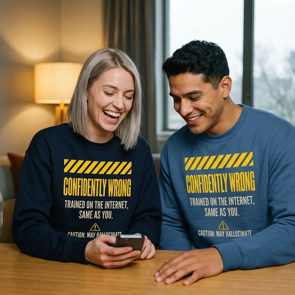Confidently Wrong AI hazard-label crewneck sweatshirt — lifestyle