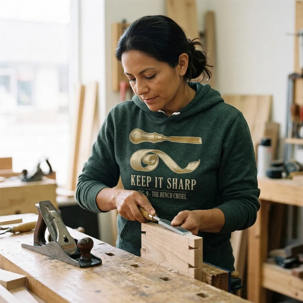 Keep It Sharp woodworking hoodie — lifestyle