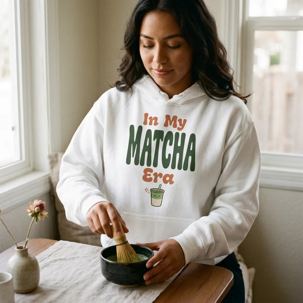 In My Matcha Era retro matcha hoodie — lifestyle