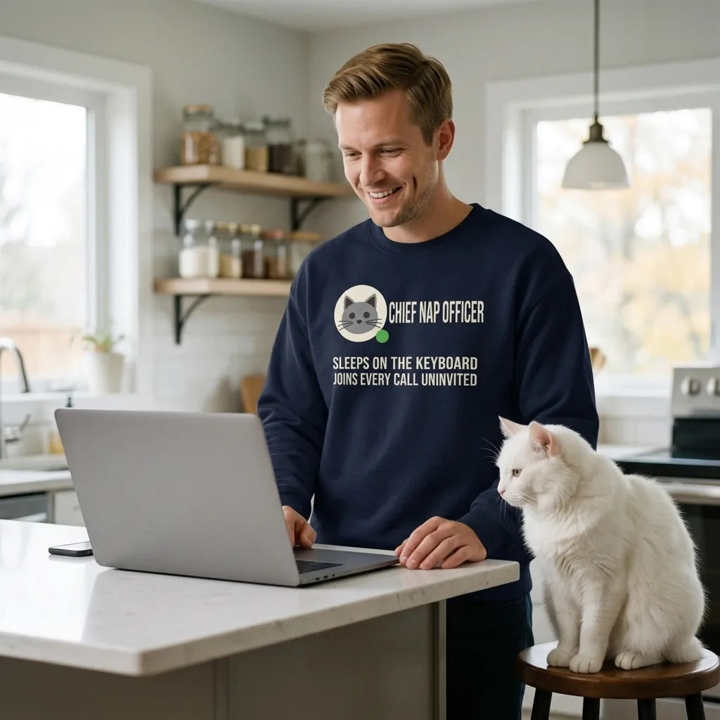 Chief Nap Officer cat profile card crewneck sweatshirt — lifestyle