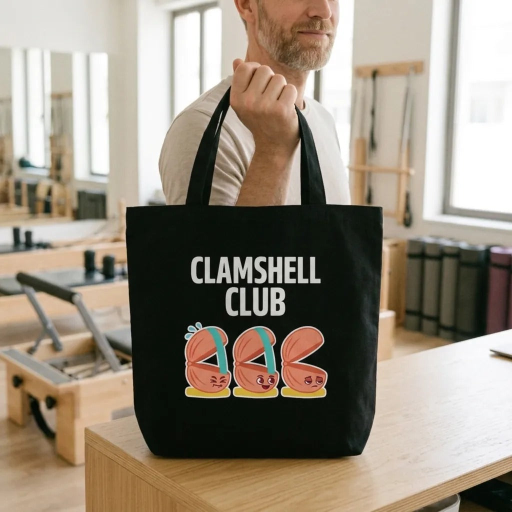 Clamshell Club funny physical therapy tote bag — lifestyle