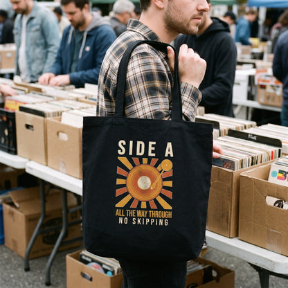 Side A No Skipping vinyl record cotton tote bag — lifestyle
