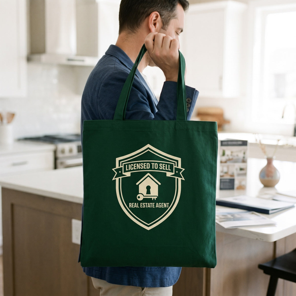 Licensed to Sell real estate agent cotton tote bag — lifestyle