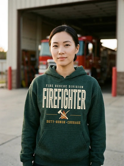 Firefighter collegiate wordmark retro fire-rescue hoodie — lifestyle
