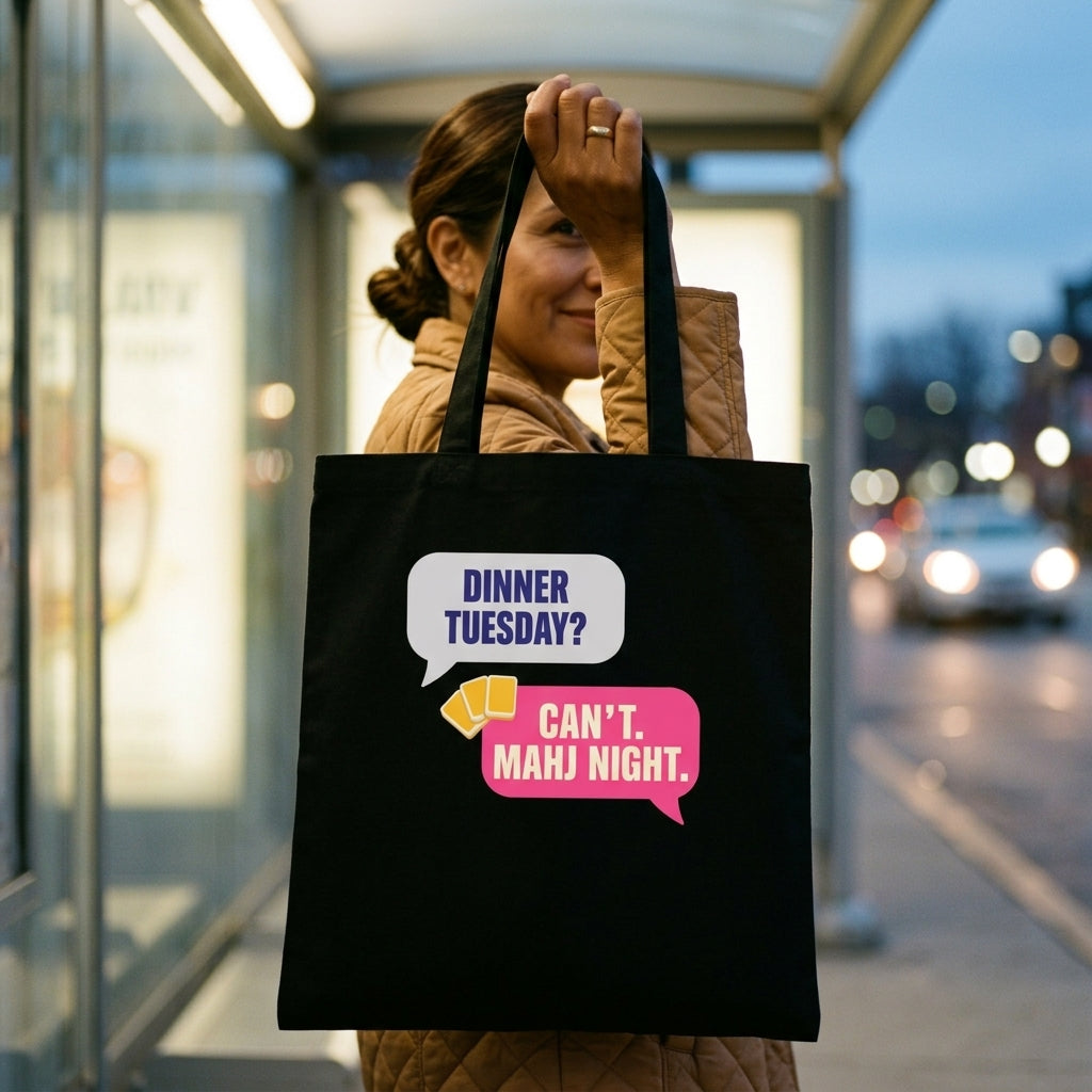 Mahj Night funny mahjong market tote bag — lifestyle