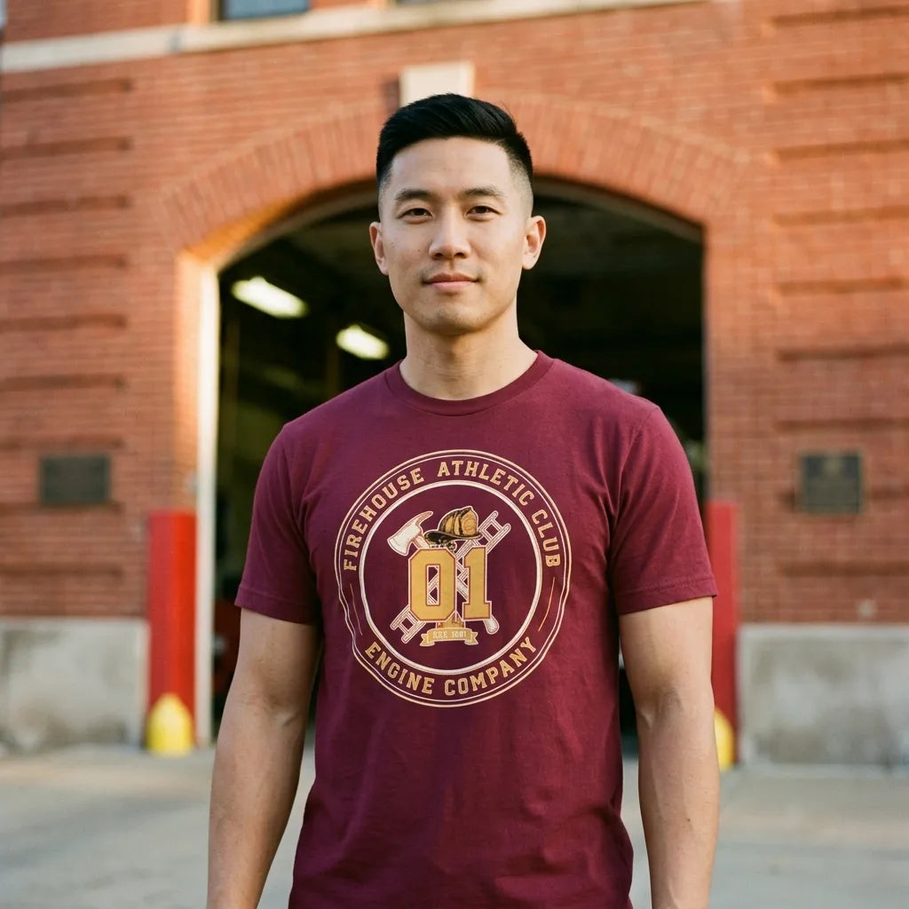 Firehouse Athletic Club retro firefighter emblem tee — lifestyle