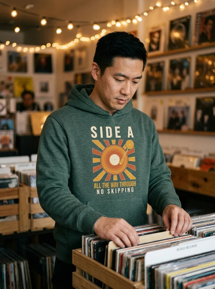 Side A No Skipping vinyl record hoodie — lifestyle
