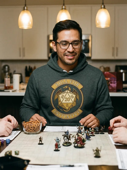 Roll For Initiative d20 dragon tabletop RPG hoodie — lifestyle