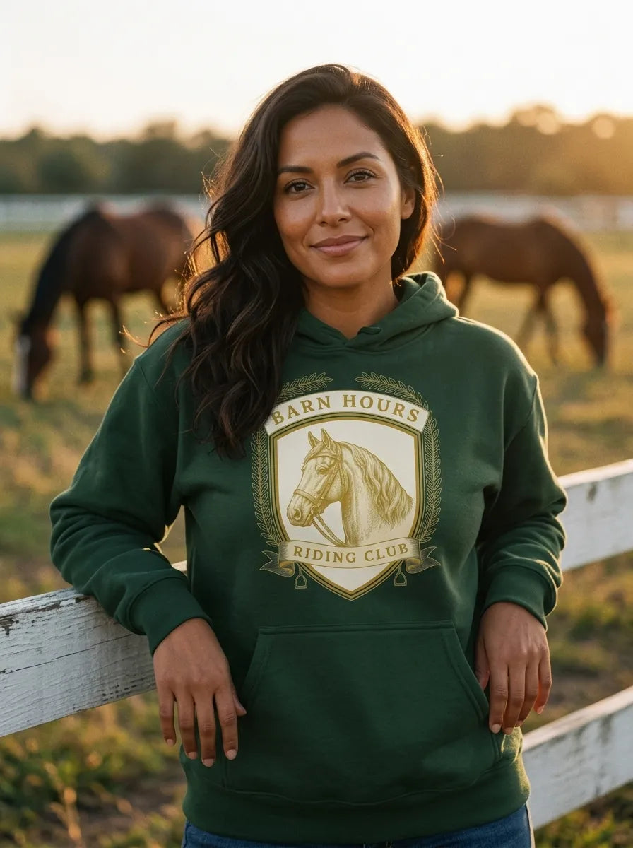 Barn Hours Riding Club vintage equestrian stable crest hoodie — lifestyle