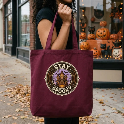 Stay Spooky retro Halloween vintage badge cotton tote bag — lifestyle