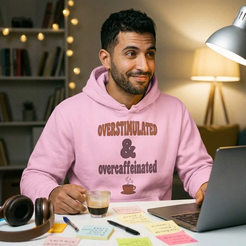 Overstimulated & Overcaffeinated soft retro coffee mental health hoodie — lifestyle