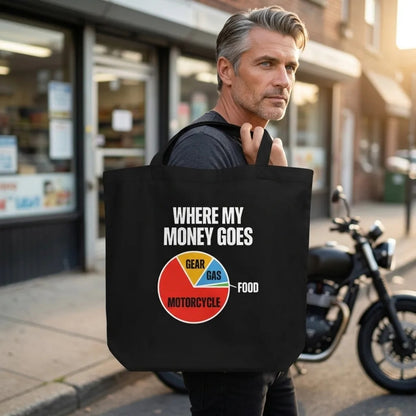 Where My Money Goes funny motorcycle tote bag — lifestyle