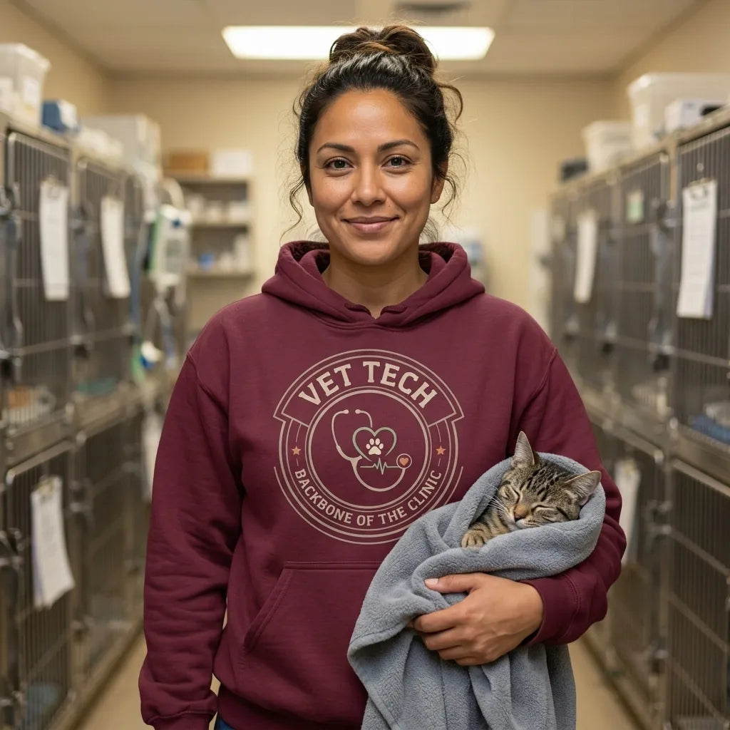 Vet Tech Crest retro veterinary technician hoodie — lifestyle