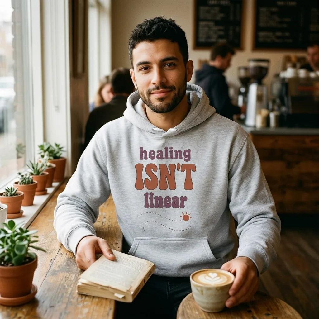 Healing Isn't Linear soft retro mental health hoodie — lifestyle
