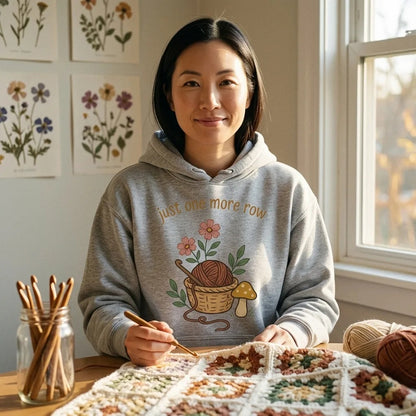 Just One More Row crochet cottagecore hoodie — lifestyle