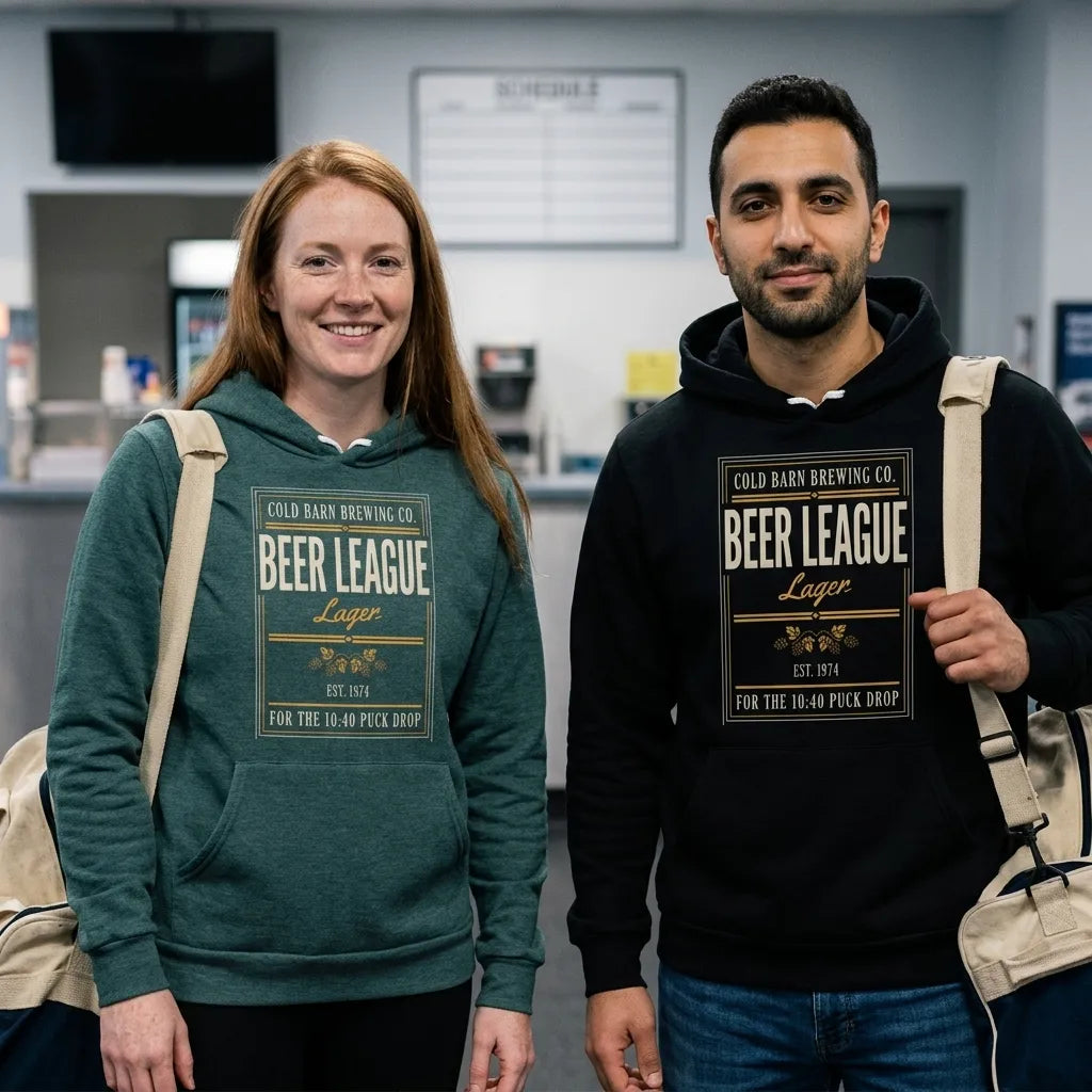 Beer League Cold Barn Brewing lager hoodie — lifestyle
