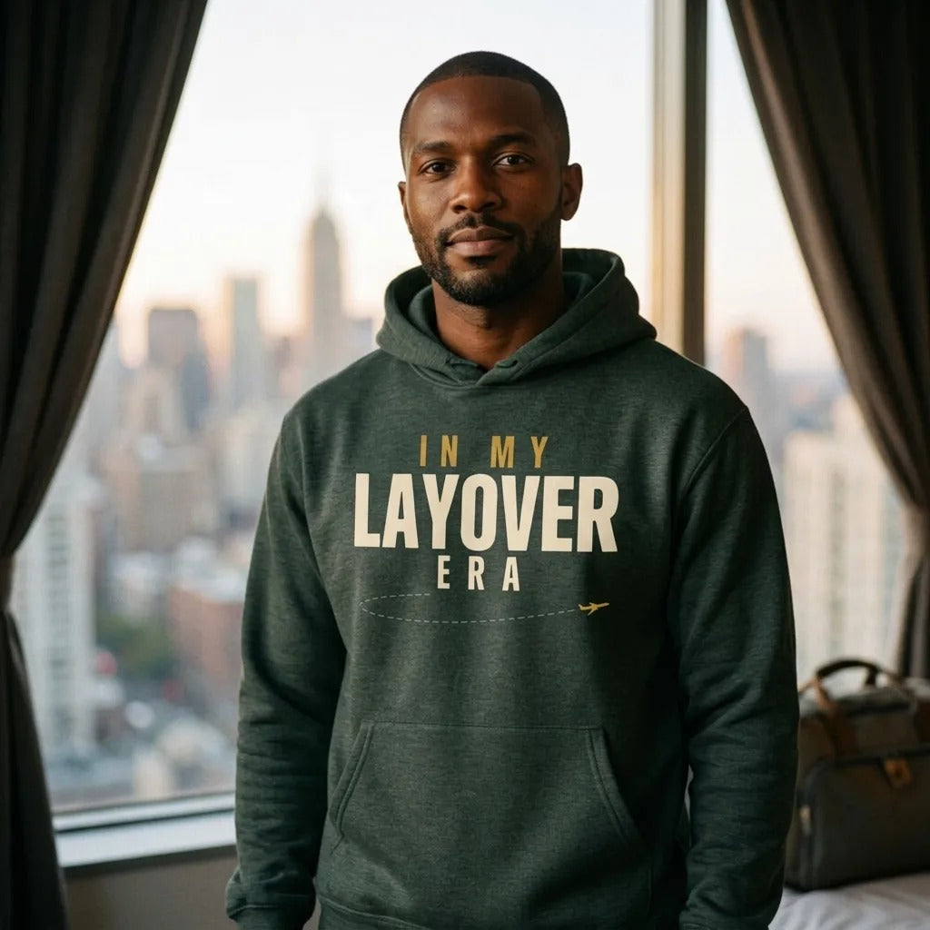 In My Layover Era flight attendant hoodie — lifestyle