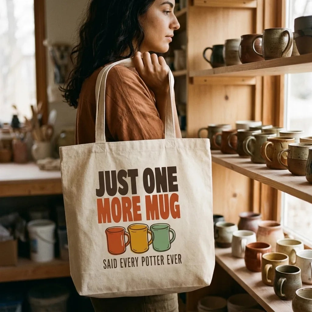 Just One More Mug funny pottery canvas tote bag — lifestyle
