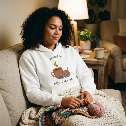Powered by Coffee and Crochet cottagecore crochet hoodie — lifestyle