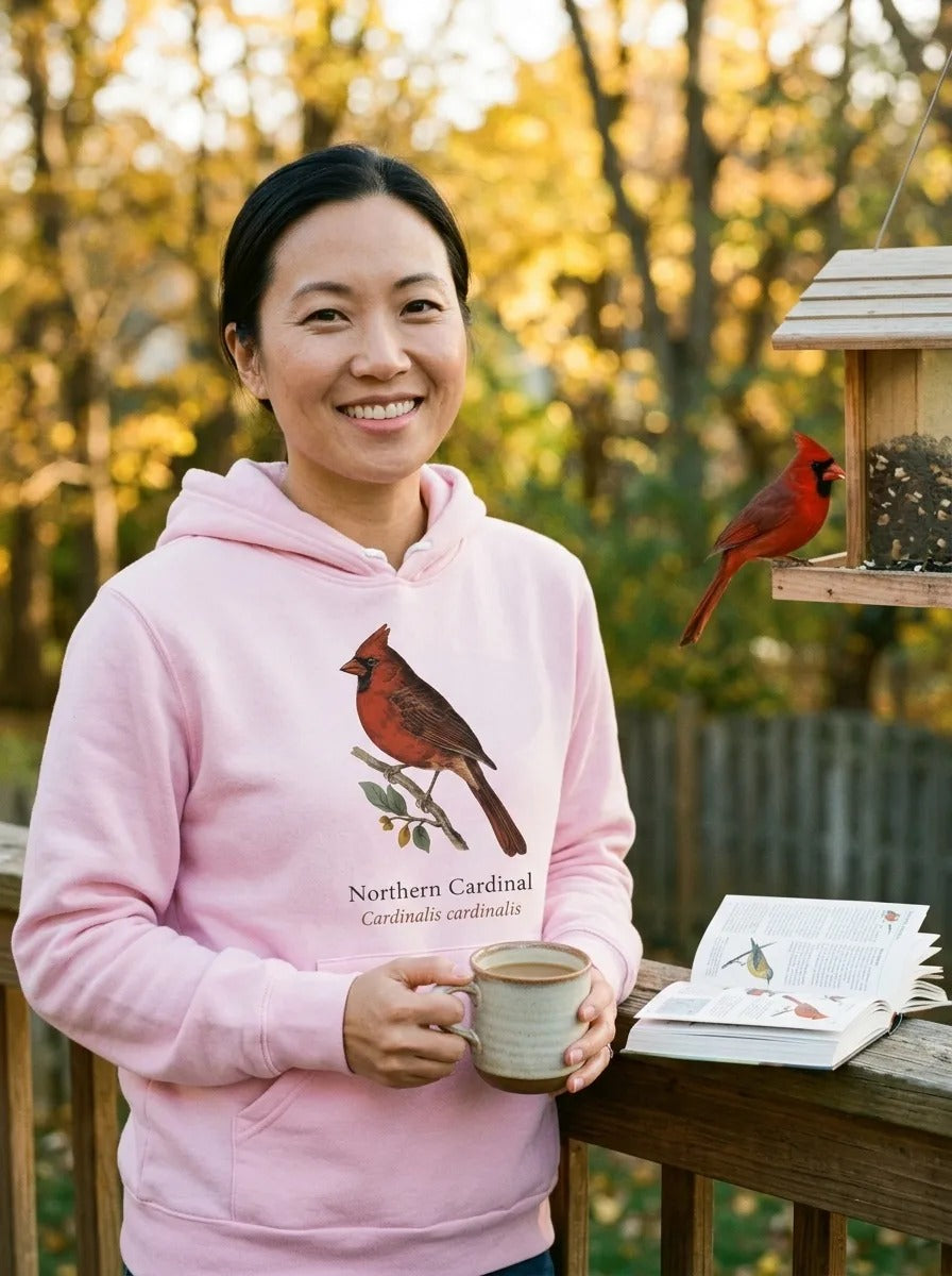 Northern Cardinal vintage field-guide hoodie — lifestyle