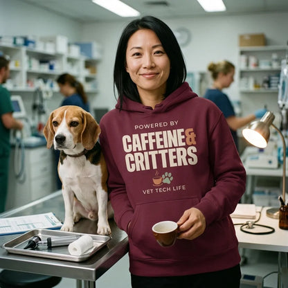 Powered by Caffeine & Critters funny vet tech hoodie — lifestyle