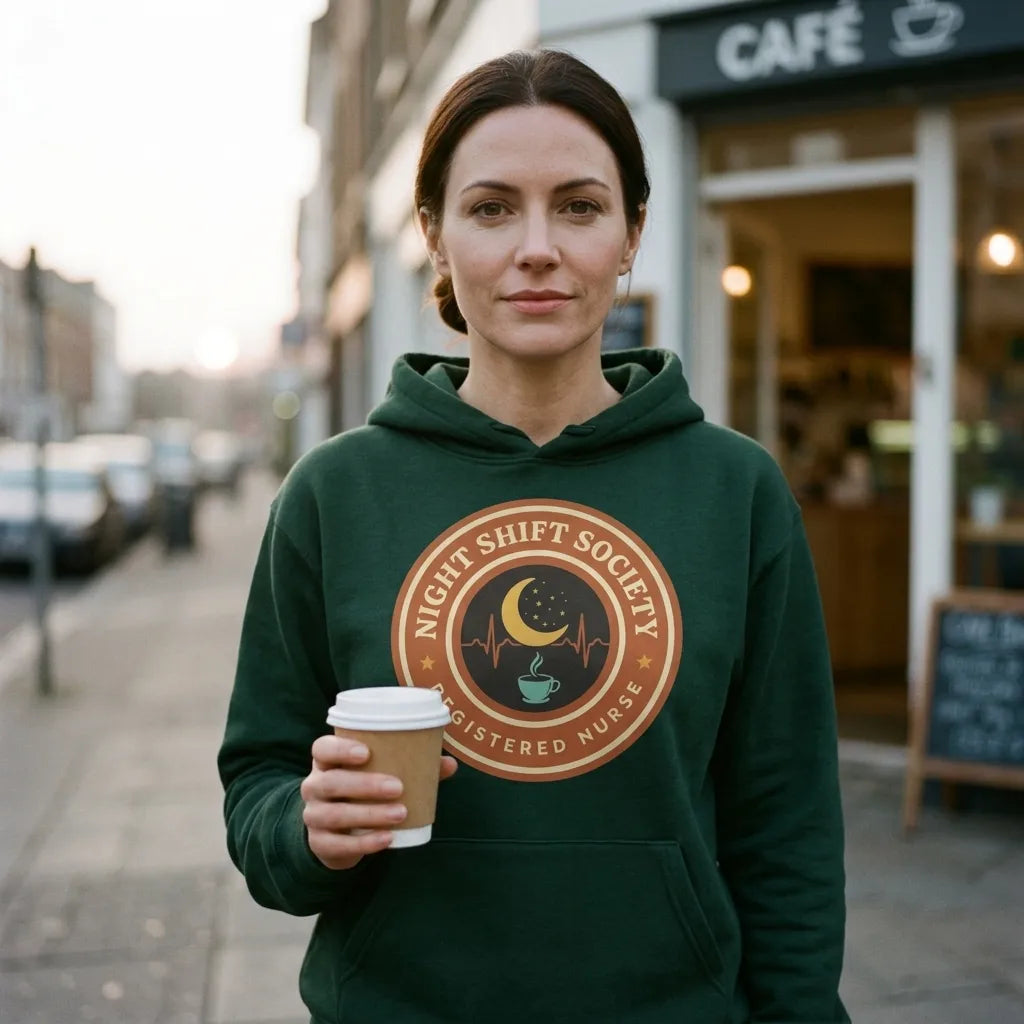 Night Shift Society retro registered nurse badge hoodie — lifestyle