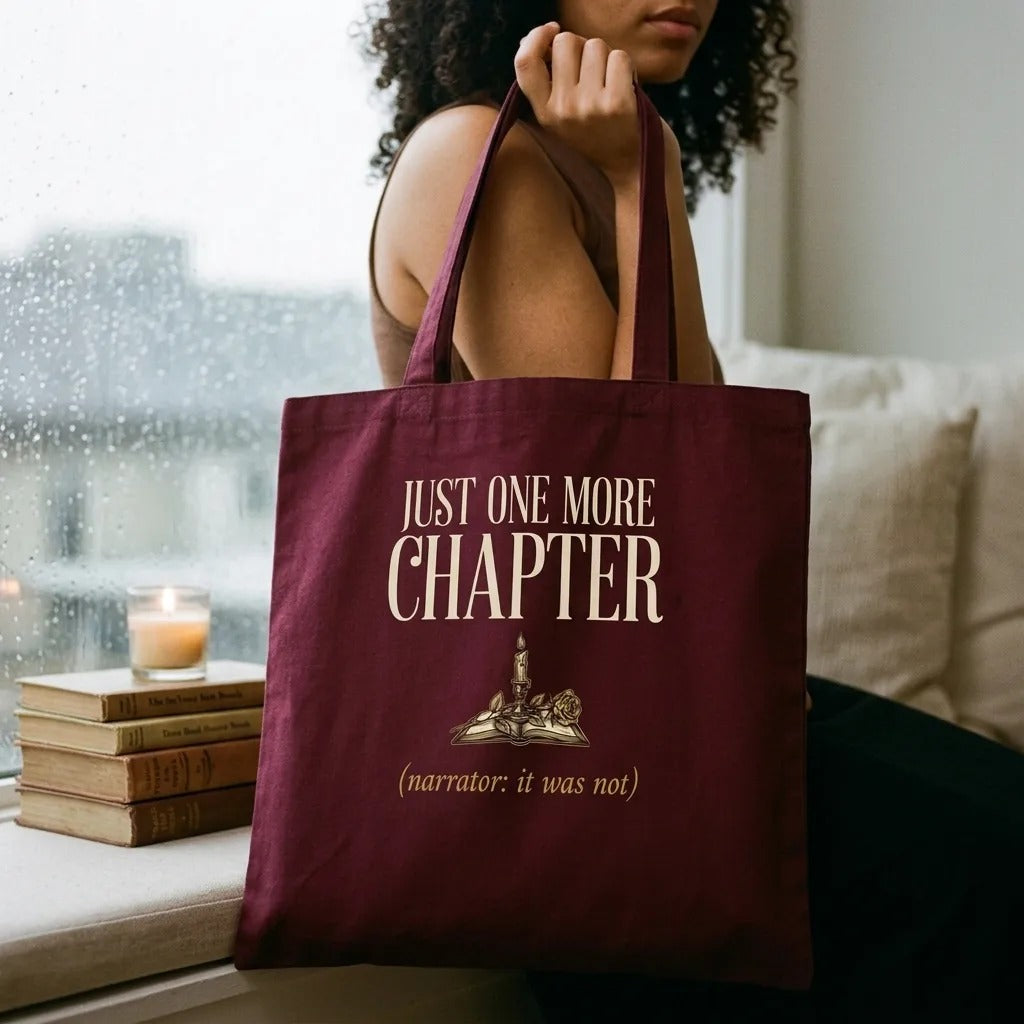 Just One More Chapter book lover dark academia cotton tote bag — lifestyle