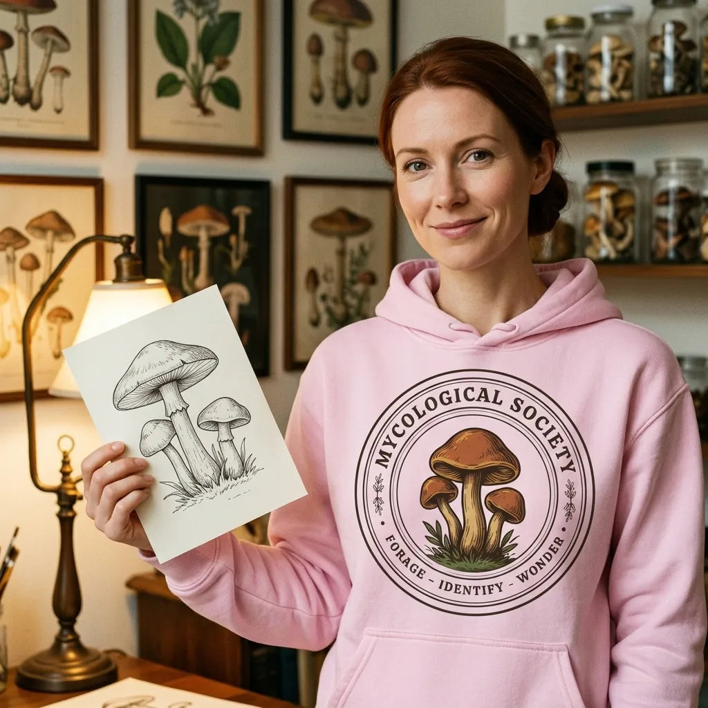 Mushroom Foraging Mycological Society vintage botanical hoodie — lifestyle