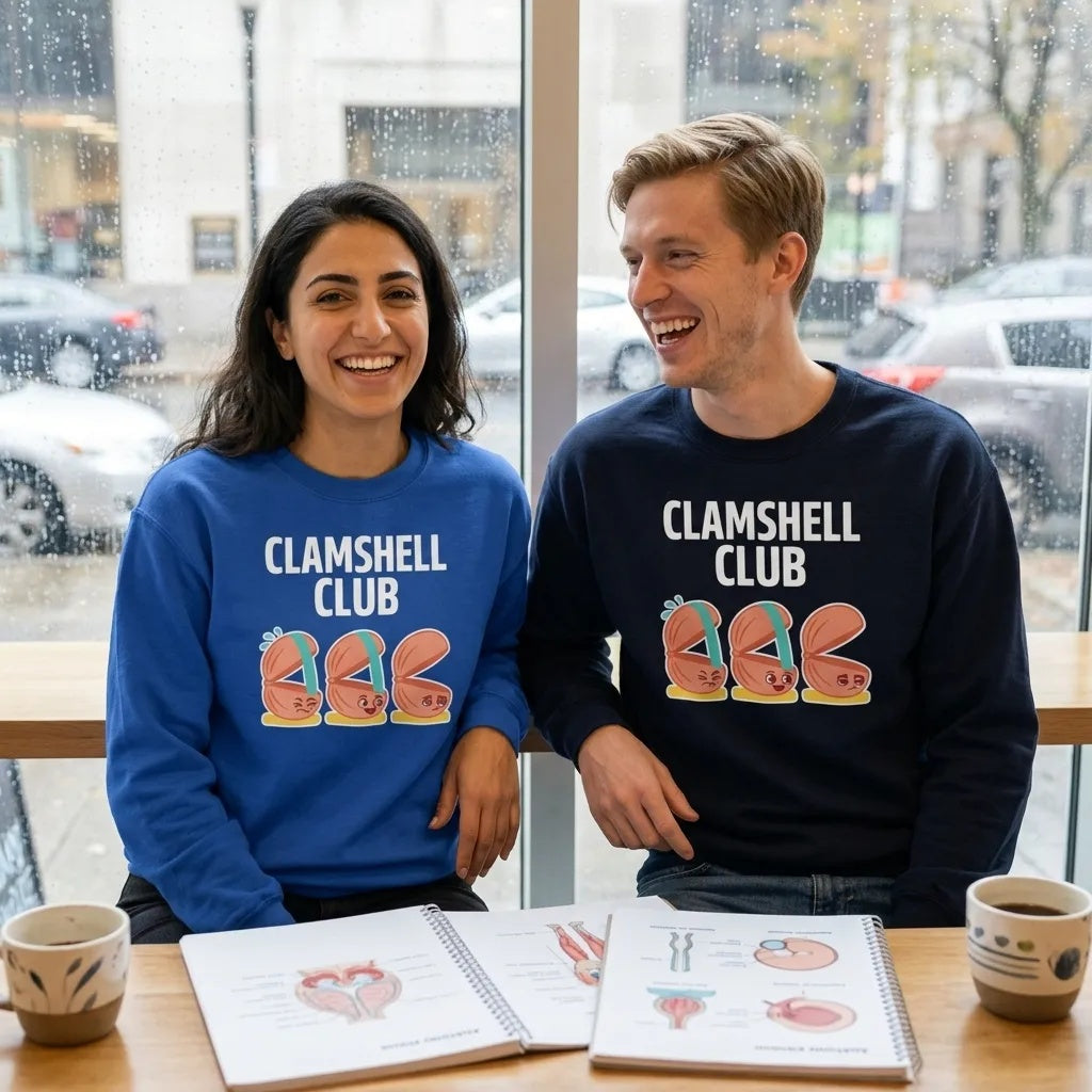 Clamshell Club funny physical therapy crewneck sweatshirt — lifestyle