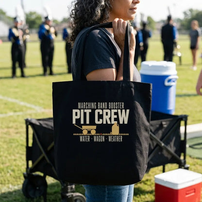 Pit Crew marching band booster canvas tote bag — lifestyle