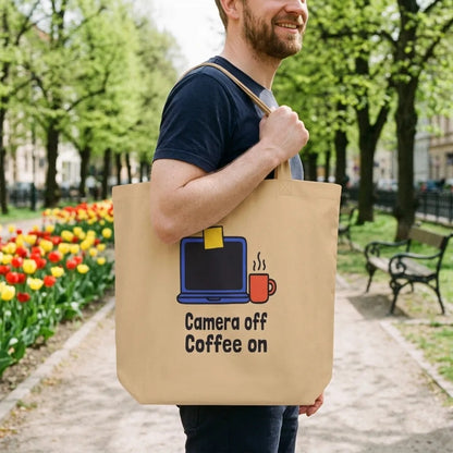 Camera Off Coffee On funny office humor tote bag — lifestyle