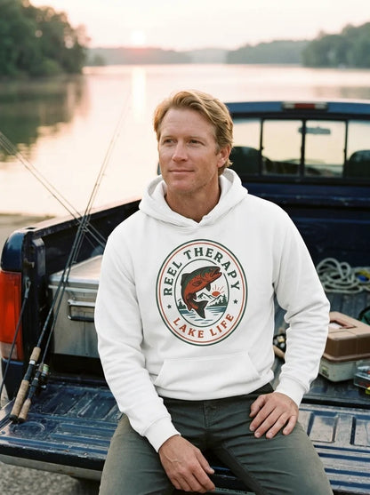 Reel Therapy retro national-park trout badge fishing hoodie — lifestyle
