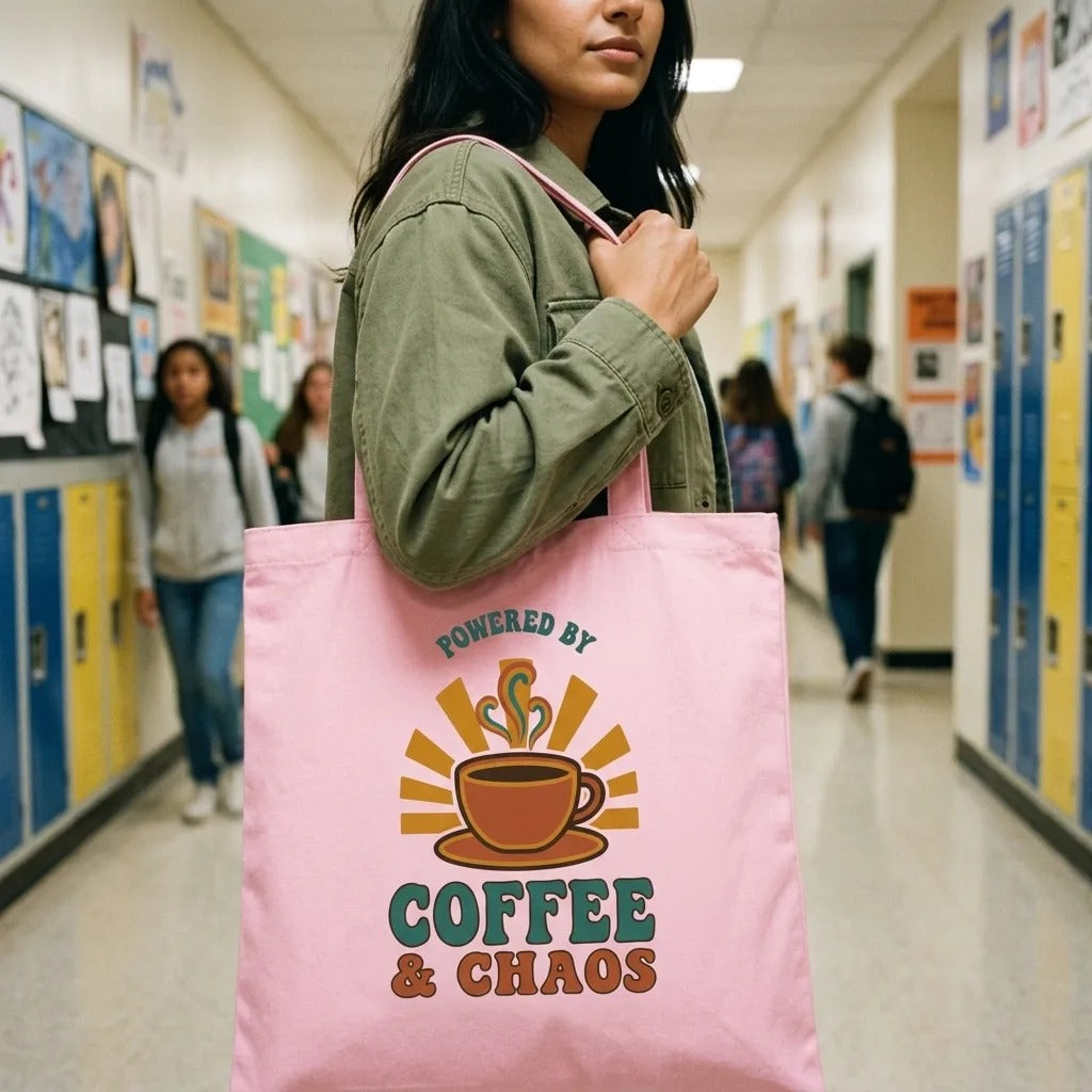 Powered By Coffee And Chaos retro groovy teacher cotton tote bag — lifestyle