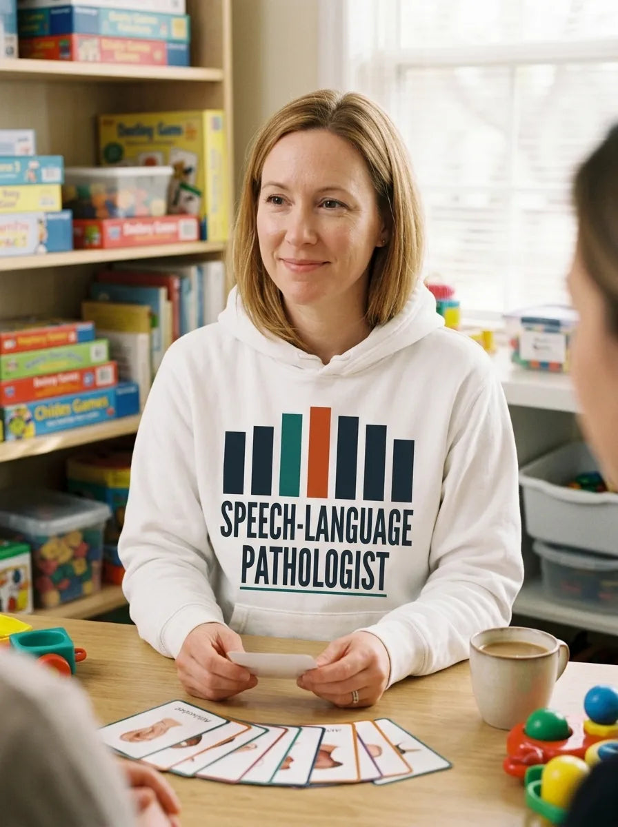 Mid-Century Clinic speech therapy hoodie — lifestyle